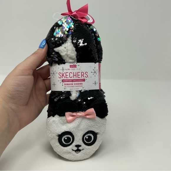 Sketchers Panda Sequin Cozy Socks Girls Size L/XL Black and Cute with Pink Bow - Picture 5 of 8